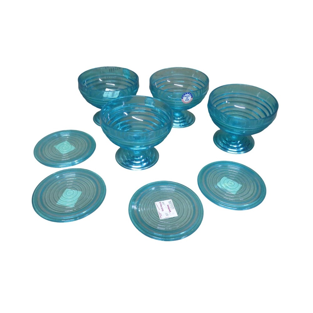 Majestic Beehive Ribbed Ice Cream Footed Bowls Dessert Blue Set of 4 - USA VTG